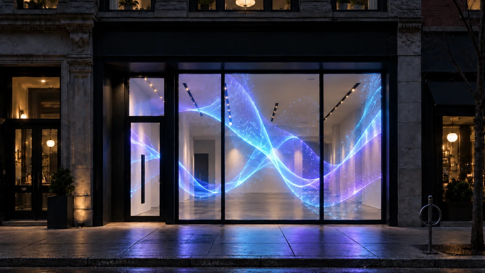 The same storefront transformed by a transparent LED display