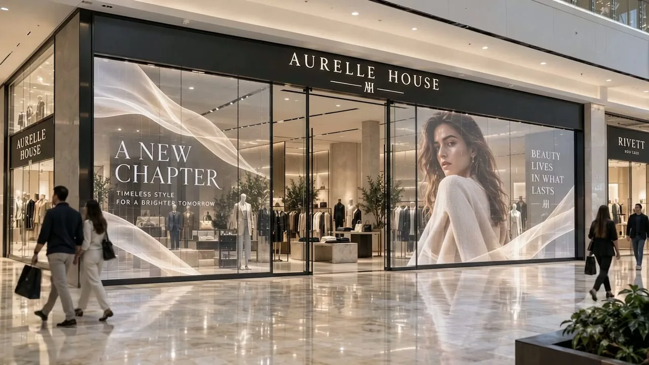 Luxury storefront window running a transparent LED display at night