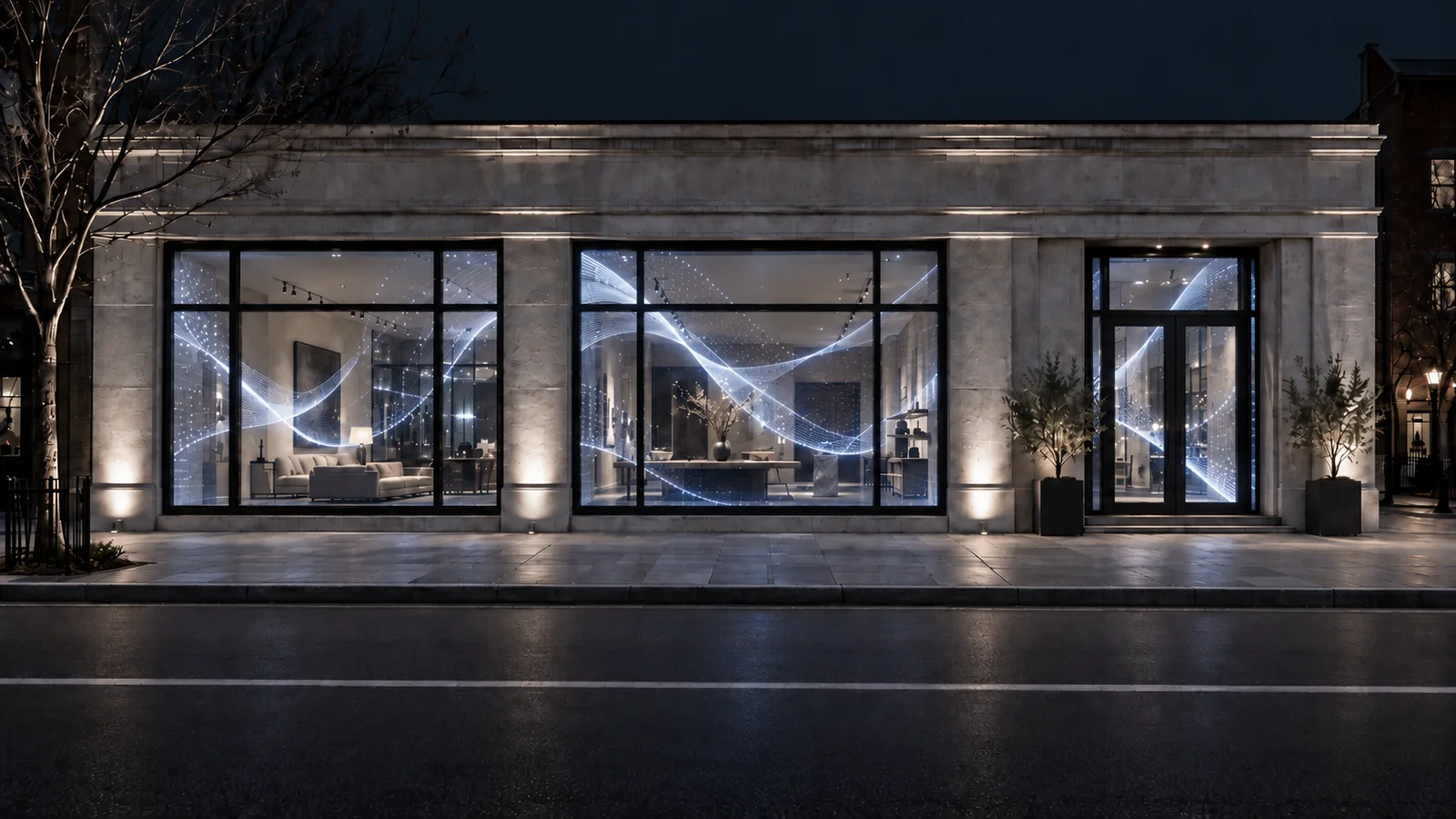 The same storefront after a transparent LED installation